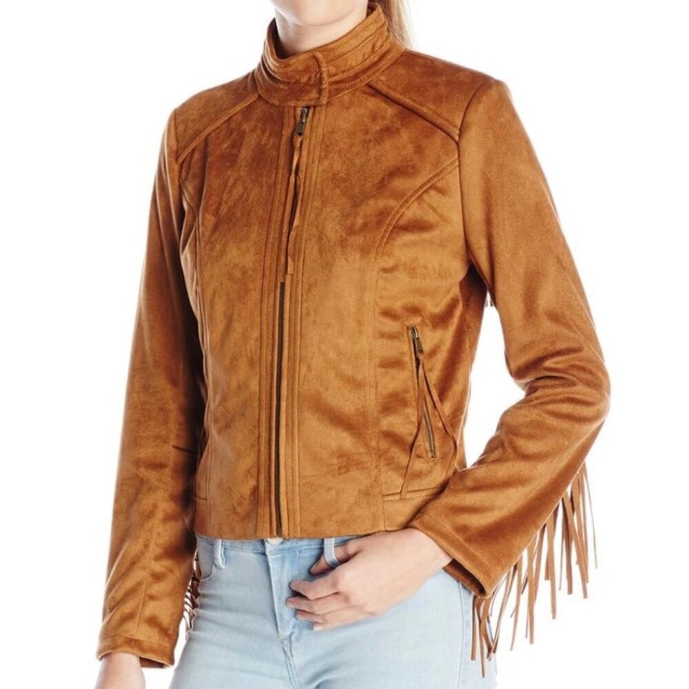 French Connection Faux Suede Fringe Moto Jacket Size XL Coastal Cowgirl Festival